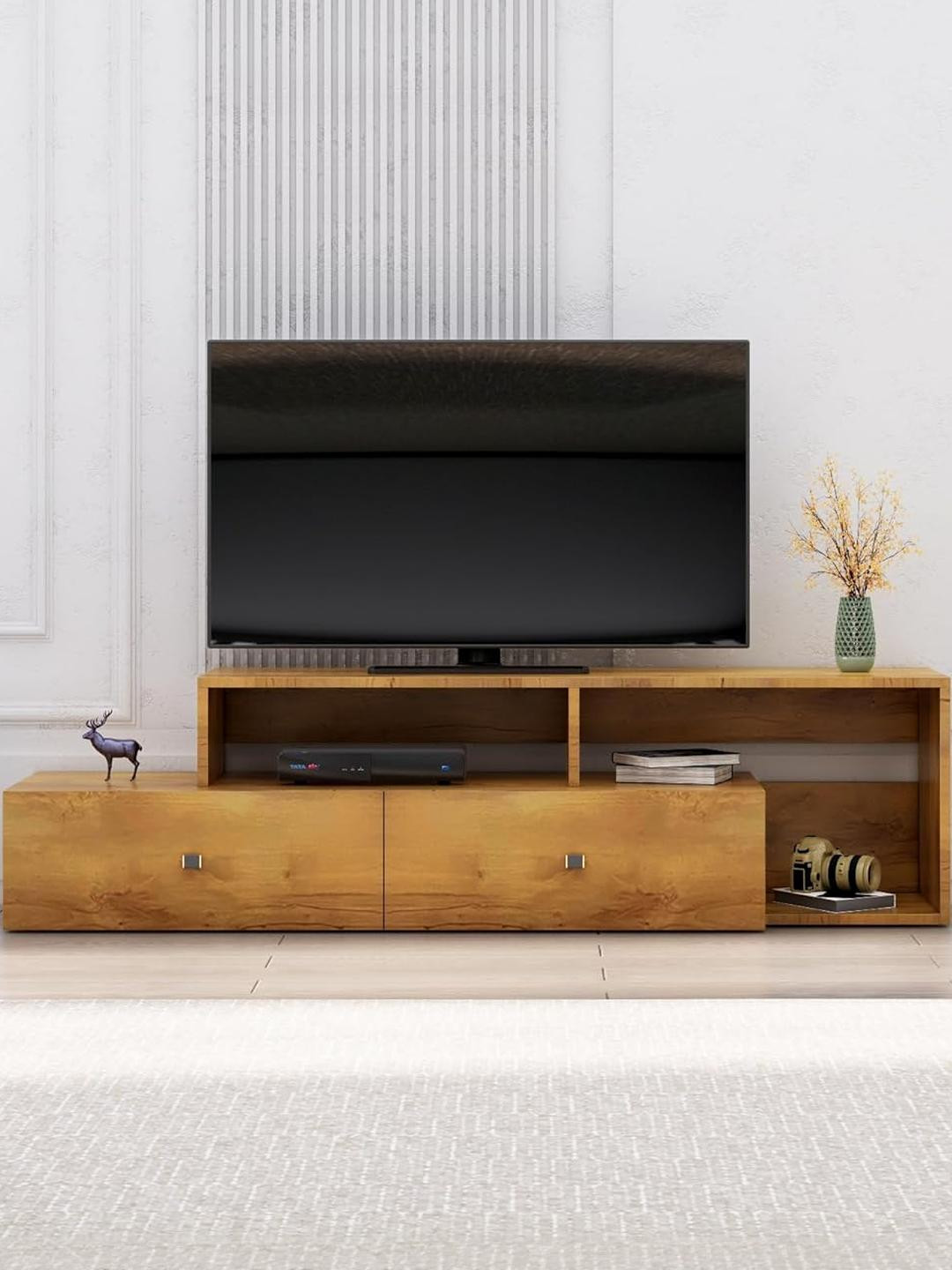 HEXA RED Beige Wall Mounted Wood TV Entertainment Unit Cabinet With Storage For 28-65 Inch