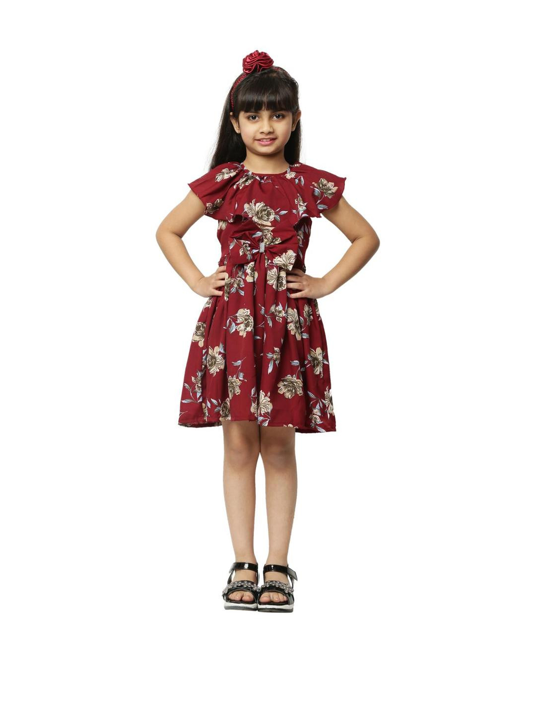 Shahina Fashion Girls Floral Printed Gathered Detail Fit and Flare Dresses