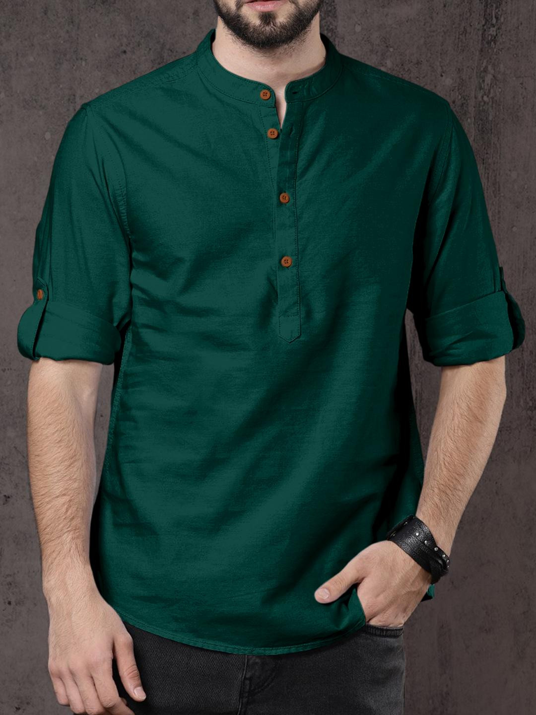 Fifth U Men Green Cotton Blend Casual Mandarin Collar And Long Sleeves Straight Kurta