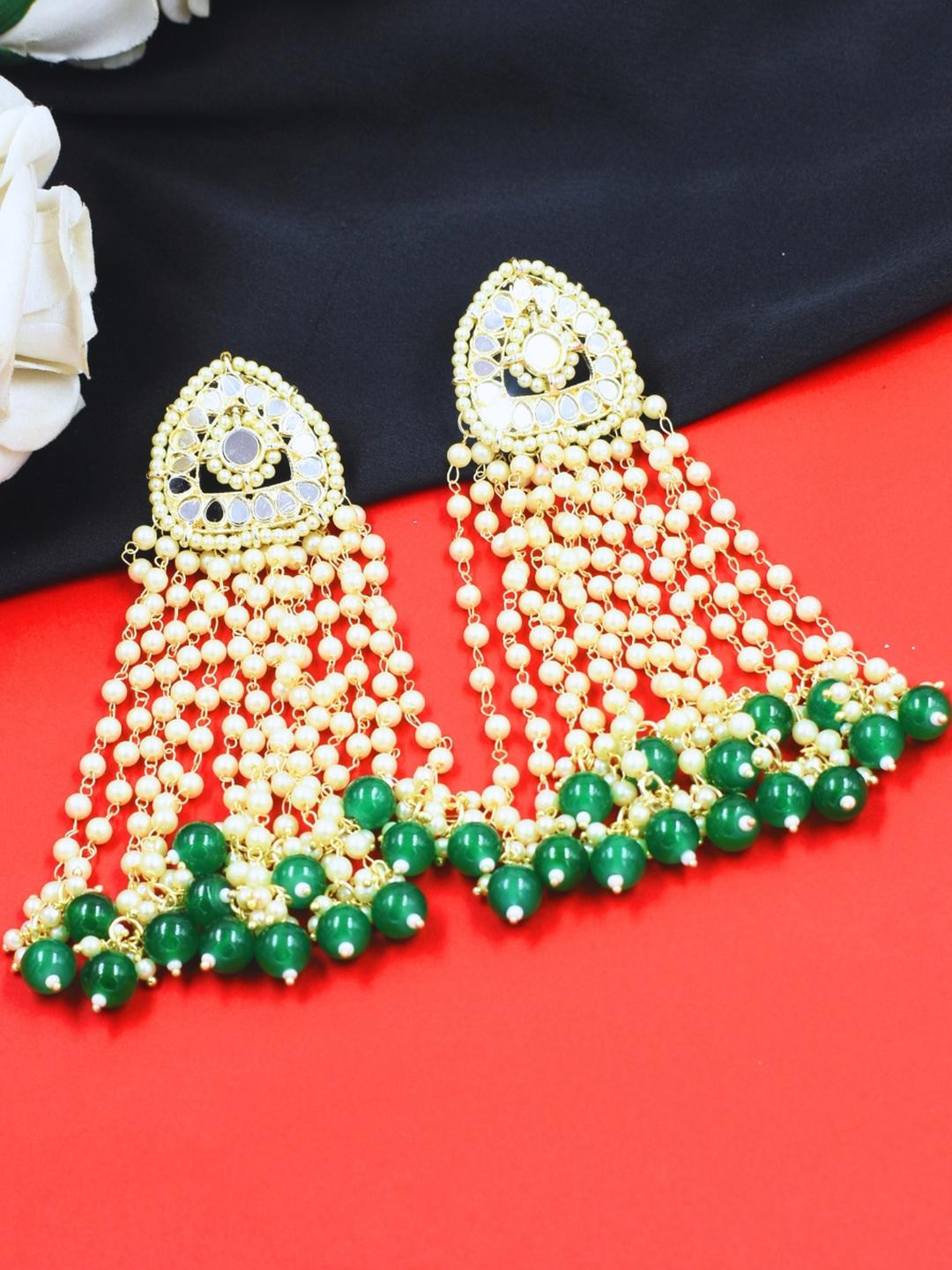 J & C Fashion Arena Green & White Chandbalis Embellished with Beads & Pearls Earring