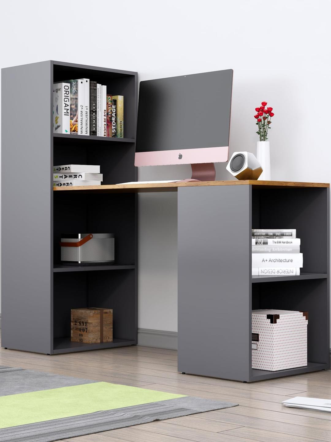 HEXA RED Grey Engineered Wood Free Standing Study Table