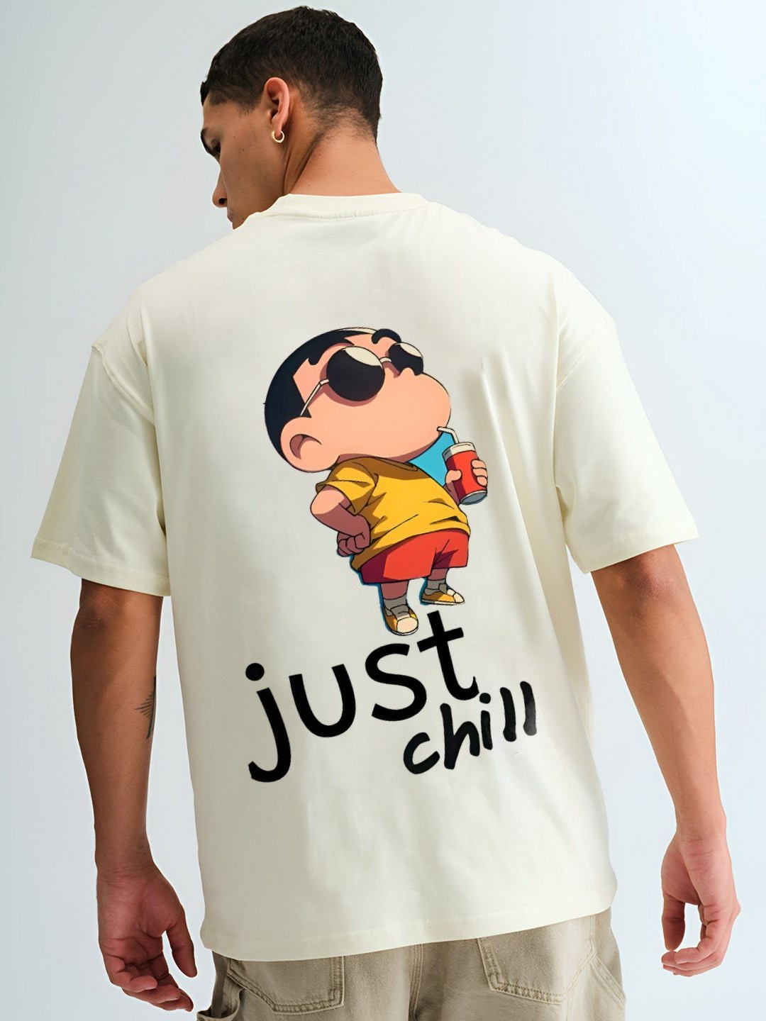 BDSQUARE Just Chill Shin Chan Printed Round Neck Pure Cotton Oversized T-shirt