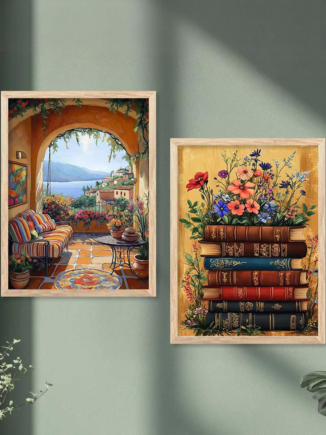 WALLLANE Brown 2 Pc Wood Floral and Botanical Wall Paintings With Frame For Home Dcor