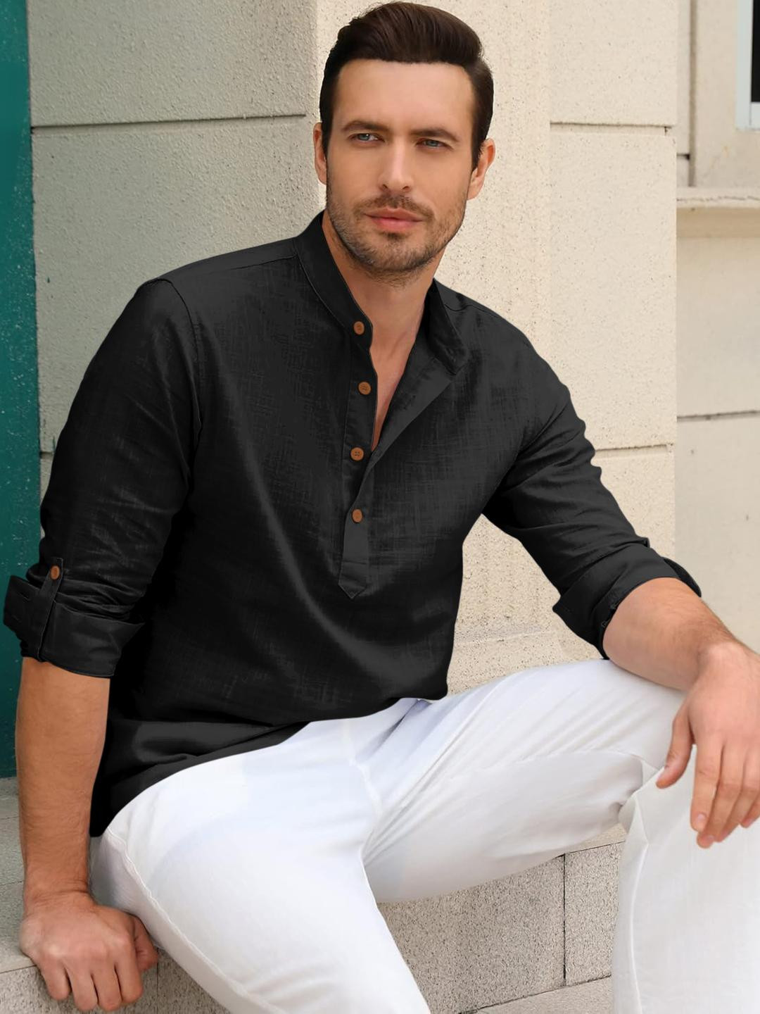 Fifth U Men's Black Solid Cotton Blend Straight Kurta