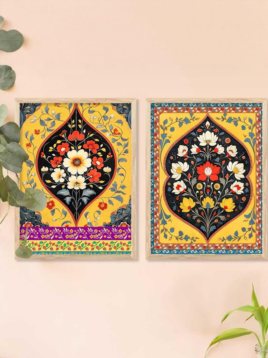 WALLLANE Unisex Multi 2 Pc Wood Floral Botanical Traditional Wall Paintings for Home Decor