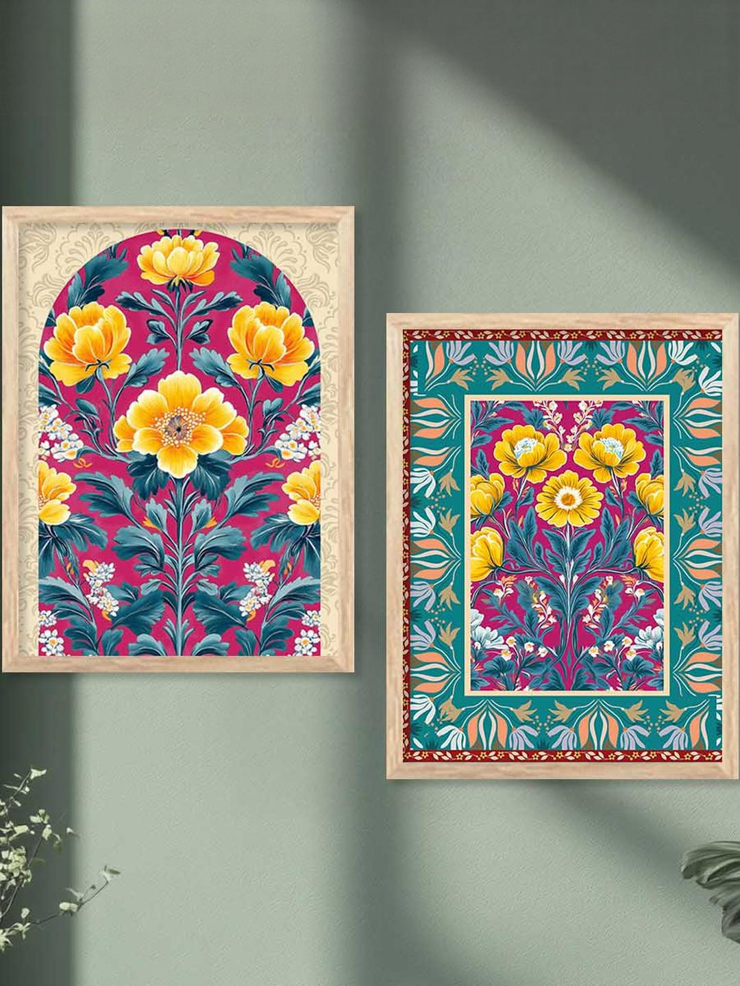 WALLLANE Multi 2 Piece Wooden Floral Abstract Wall Paintings