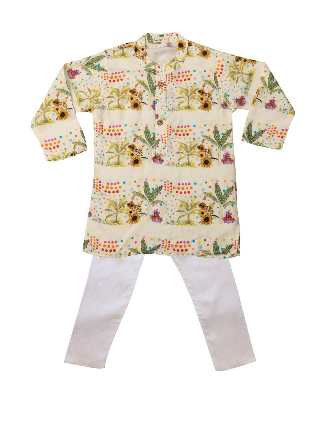 Tura Turi Boys Beige Floral Printed Mandarin Collar Kurta With White Pyjamas