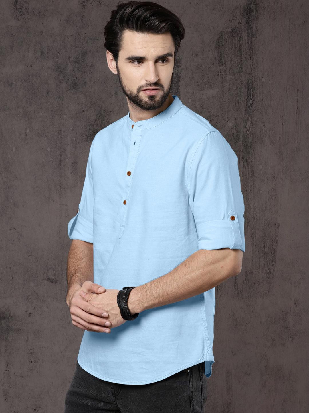 Fifth U Men's Sky Blue Solid Cotton Blend Straight Kurta