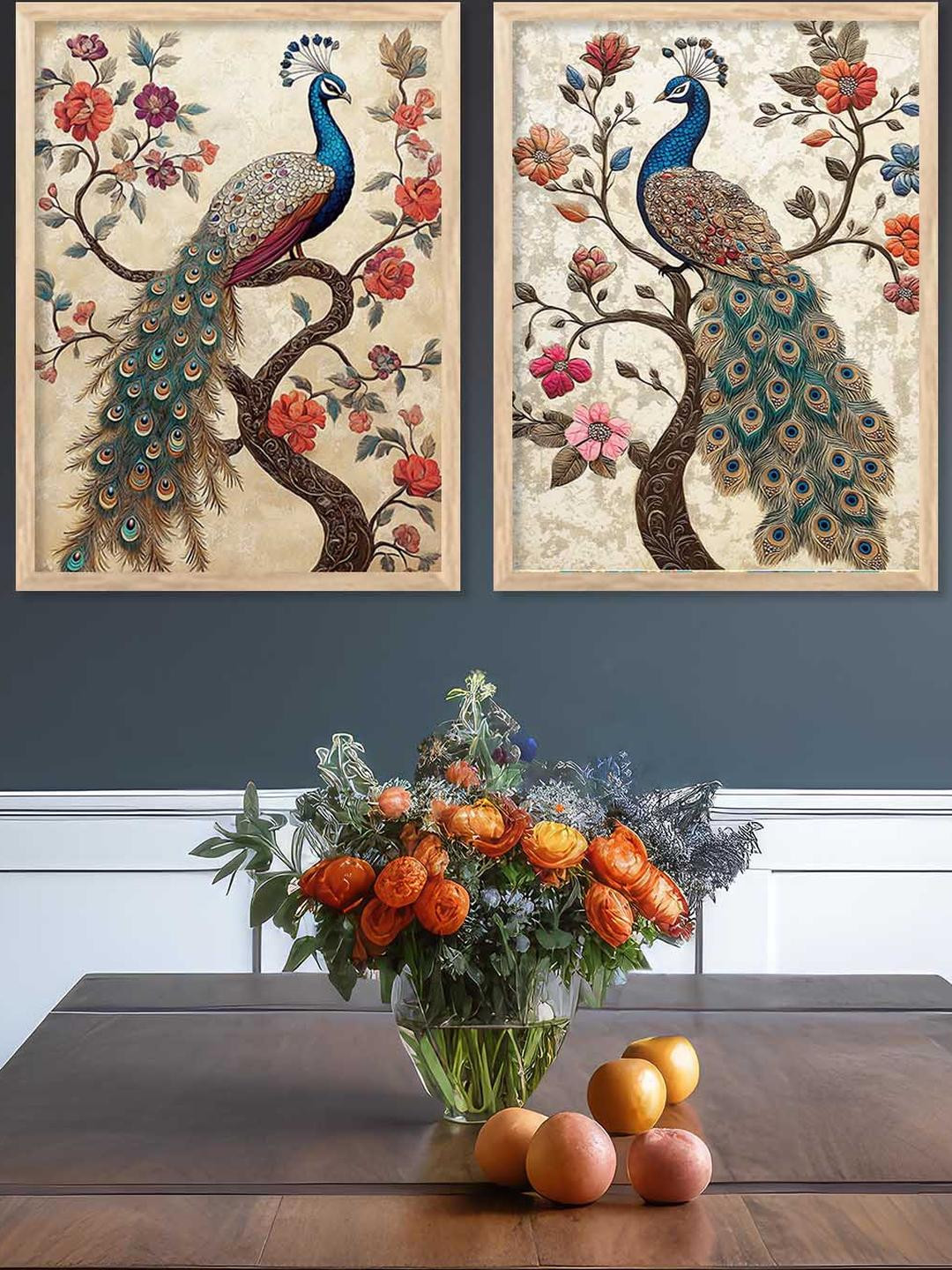 WALLLANE Brown 2 Piece Wood Birds and Animals Traditional  Wall Paintings With Frame