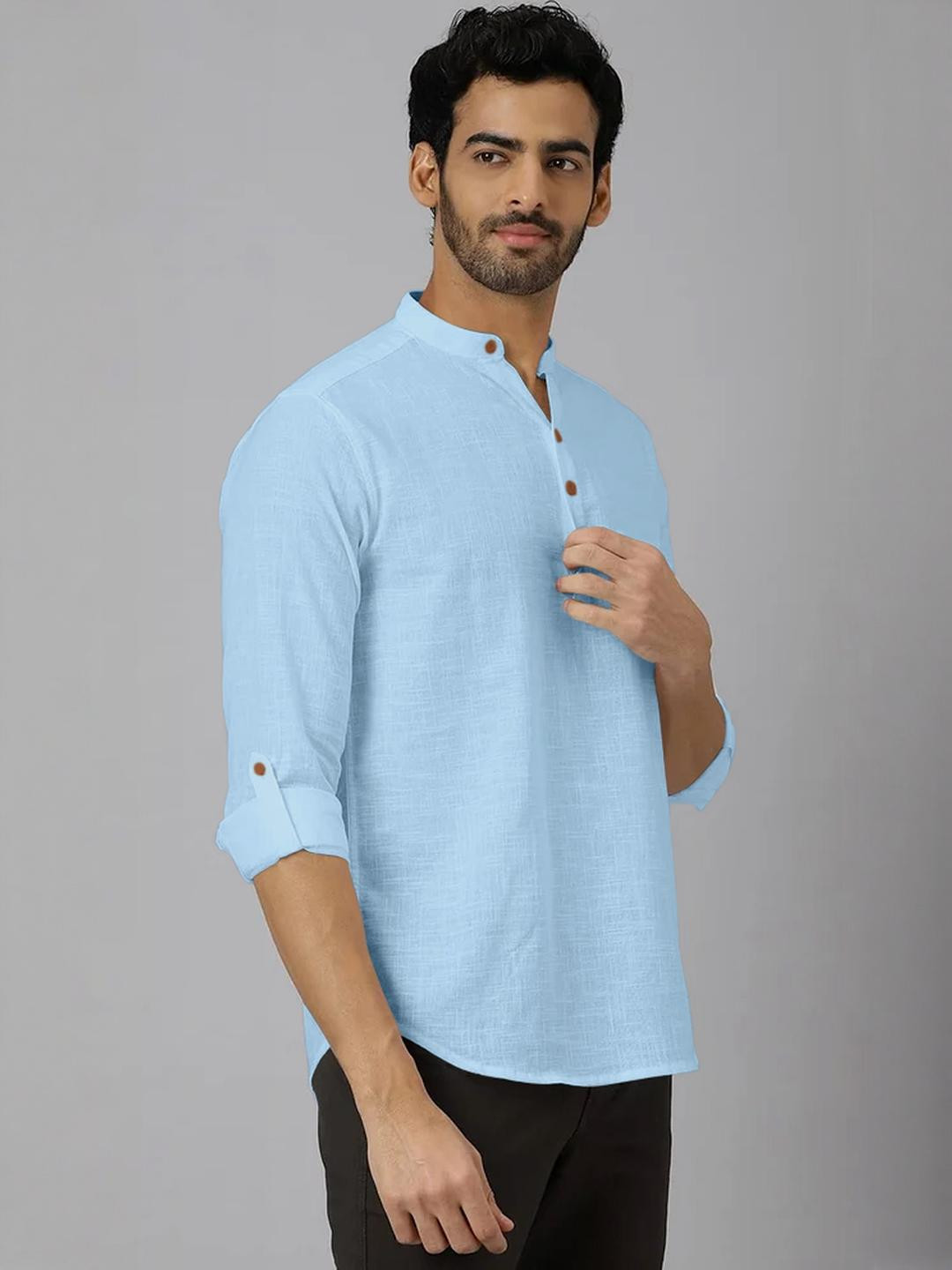 Fifth U Men Blue Solid Cotton Blend Straight Kurta