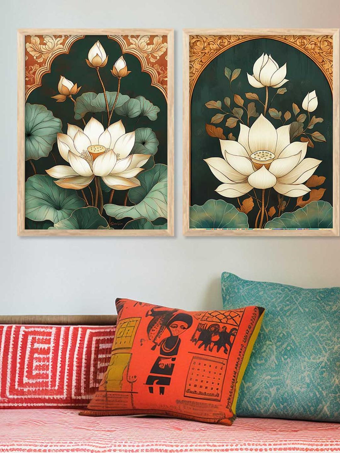 WALLLANE Brown & White 2 Piece Wood Floral Wall Art Poster With Frame Wall Paintings