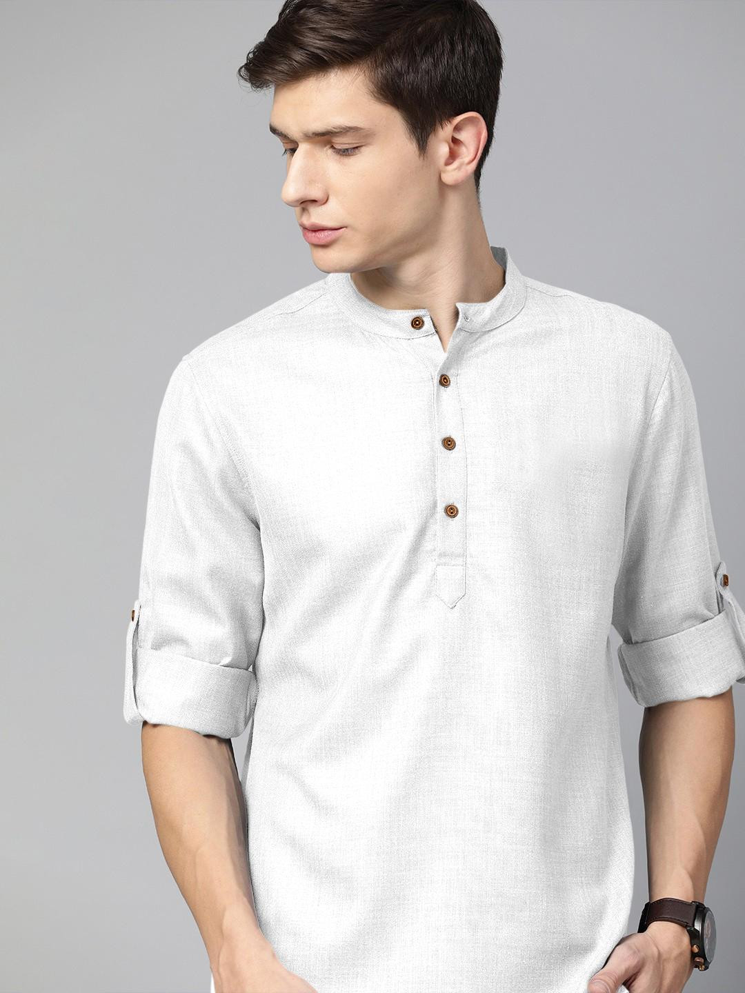 Fifth U Men White Causel Cotton Blend  Mandarin Collar And Long Sleeves Straight Kurta