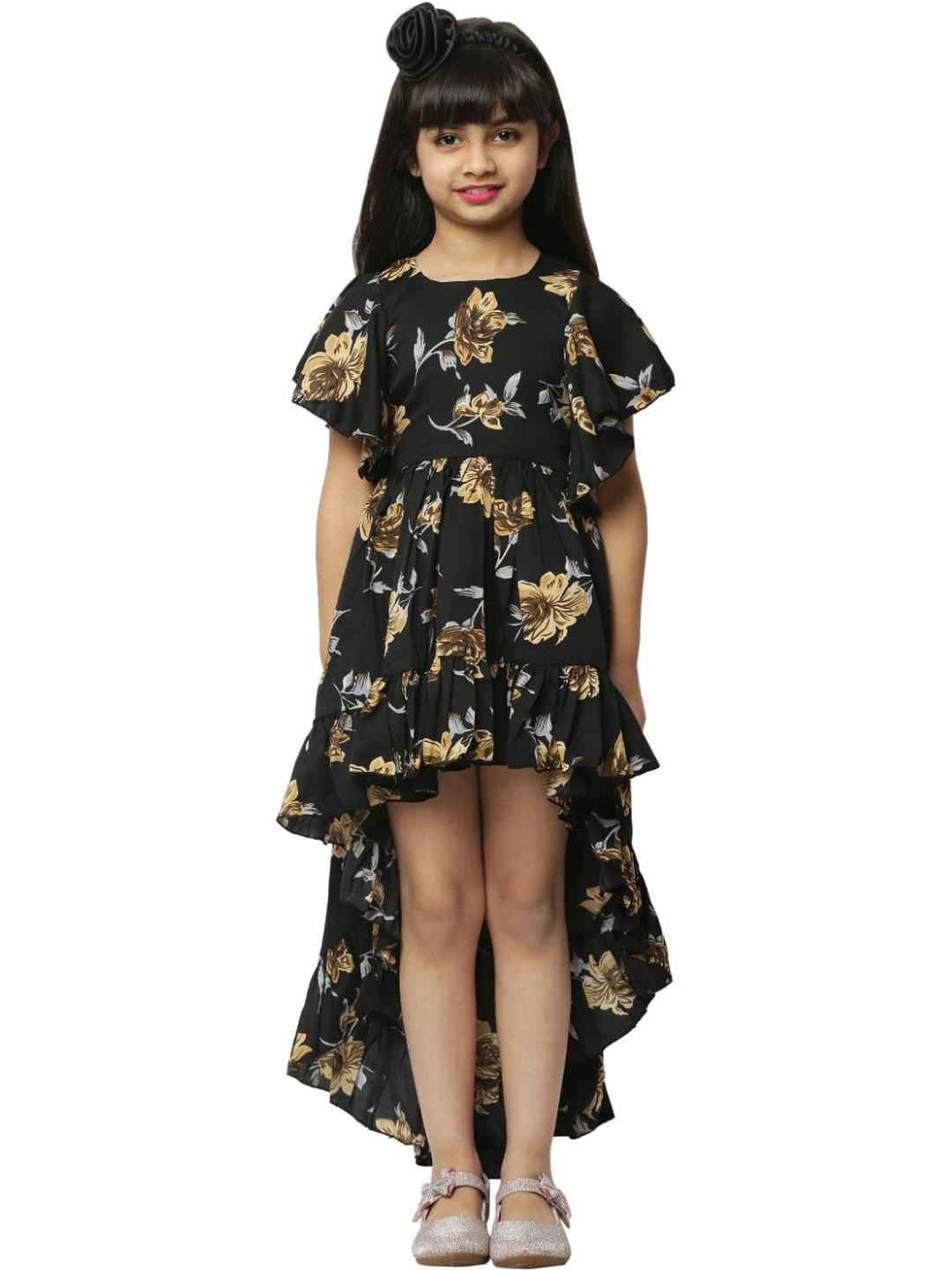 Shahina Fashion Girls Floral Printed Gathered Detail High-Low Hem Fit & Flare Dresses