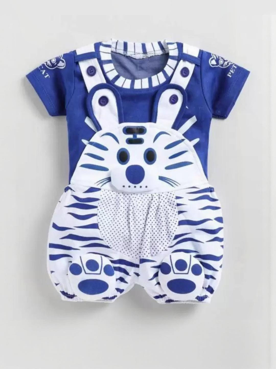 Amacart Kids Blue & White Printed Cotton Blend Dungree with T-shirt