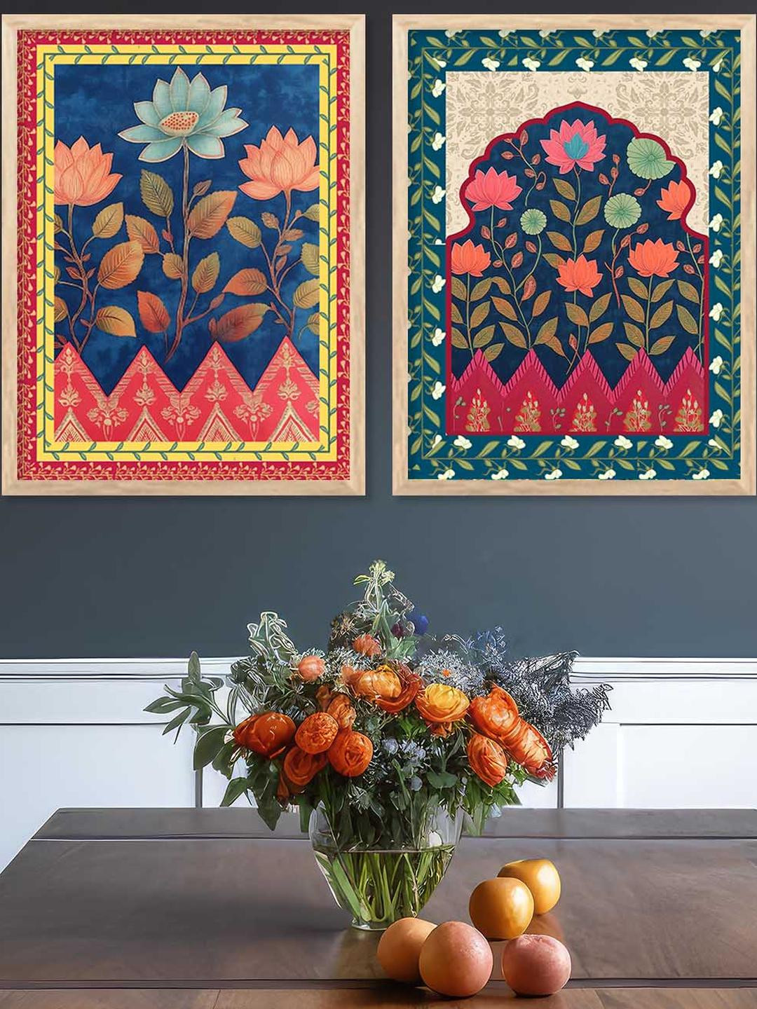 WALLLANE Unisex Multi 2 Pc Wood Floral Botanical Traditional Wall Paintings for Home Decor