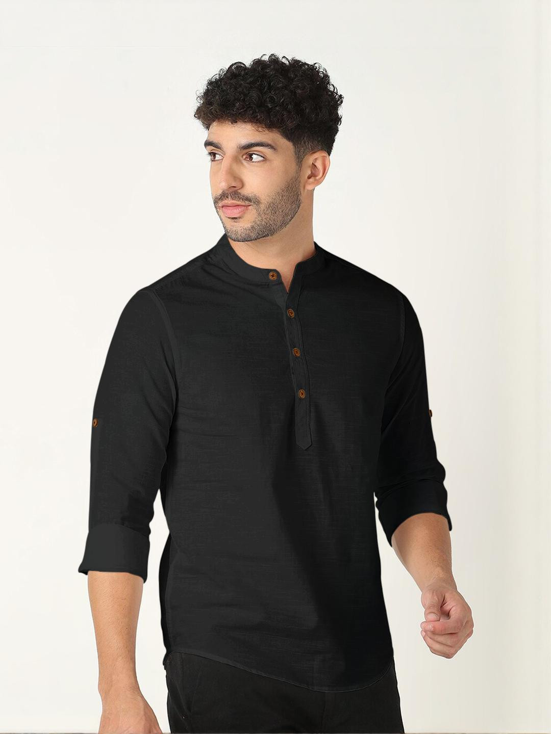 Fifth U Men Solid Black Short Kurta