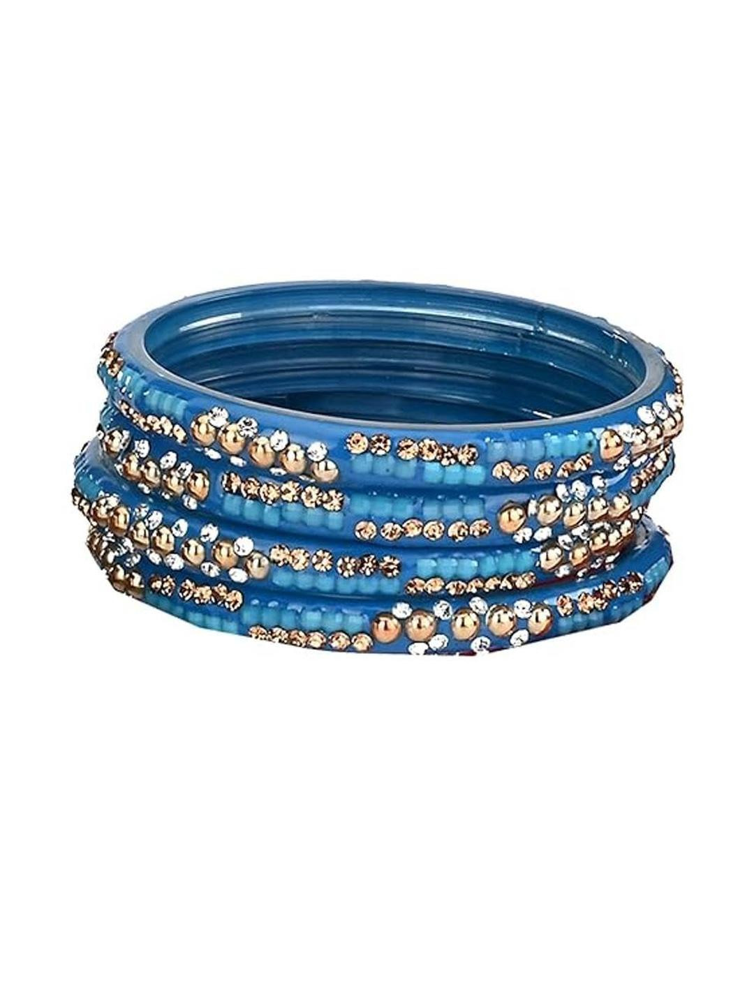 1ST TIME Women Pack of 6 Blue With Gold Stones Studded Alloy Bangles