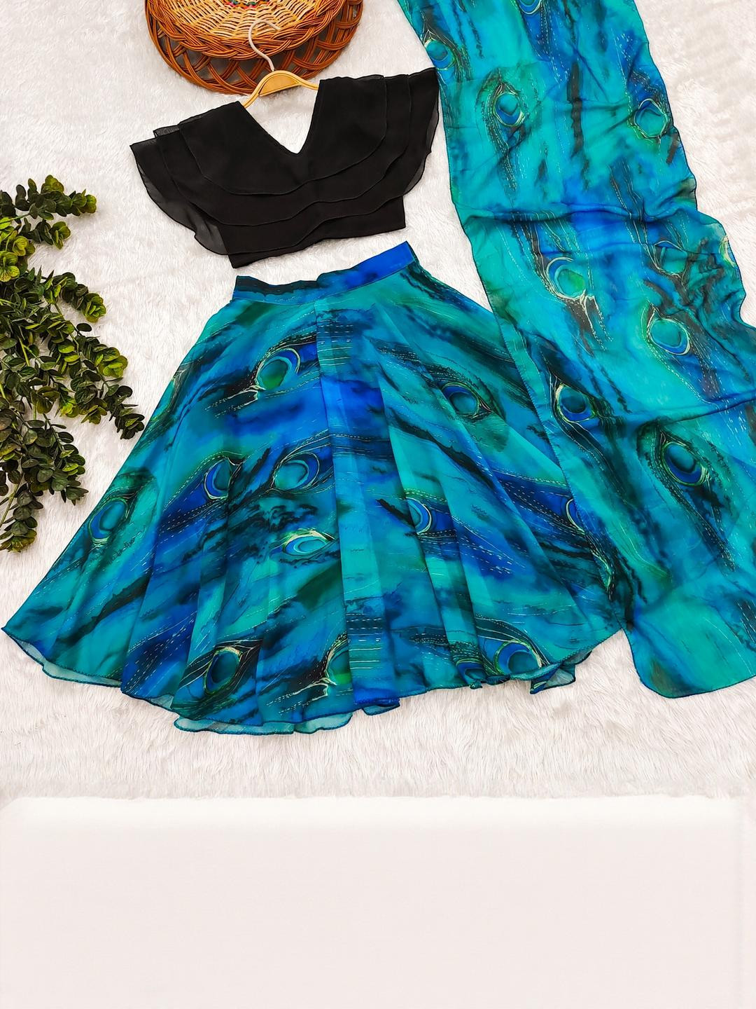 Shoryam Fashion Girls Blue & Black Lehenga & Blouse With Dupatta