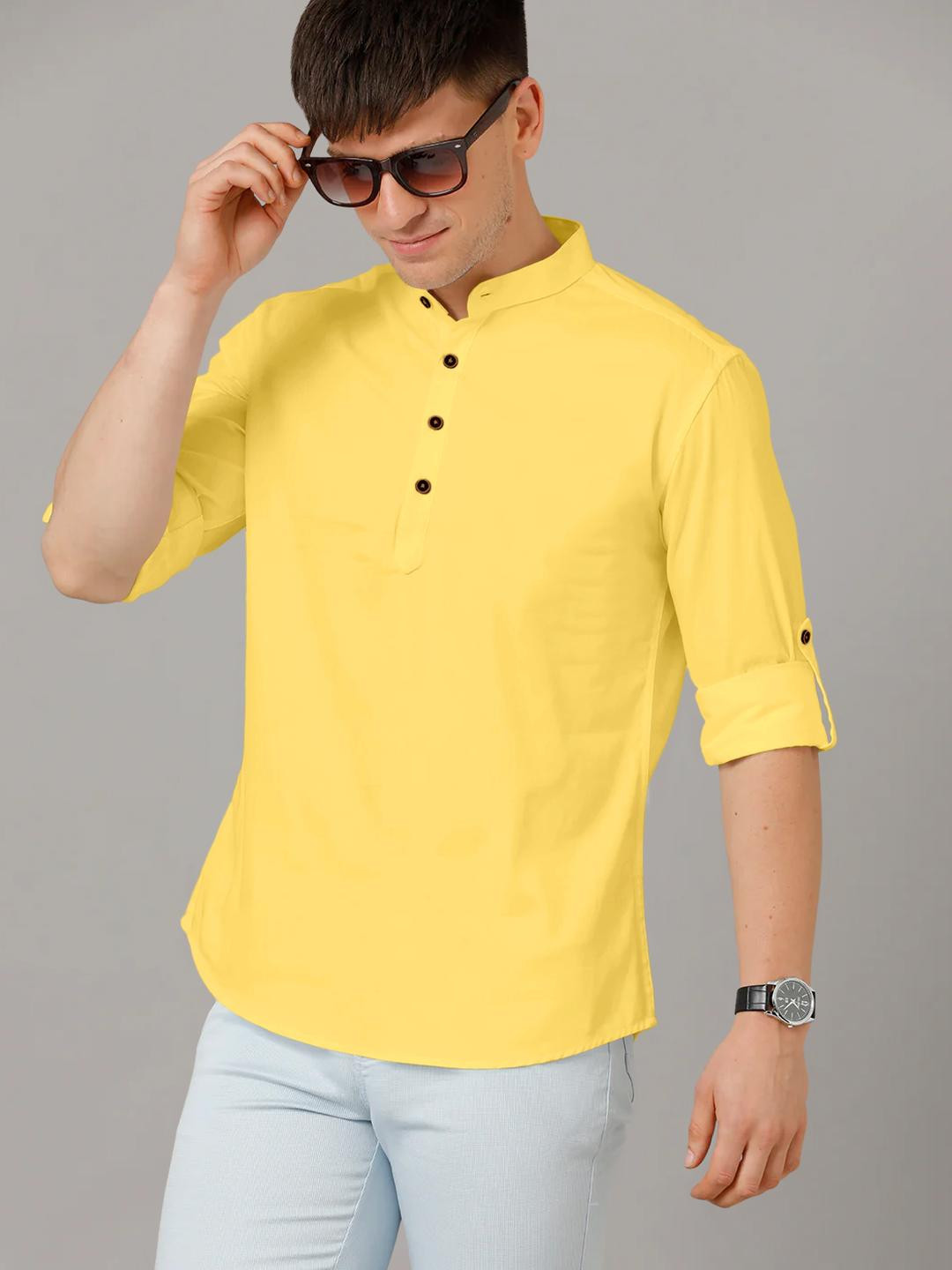 Fifth U  Men Solid Yellow Short Kurta