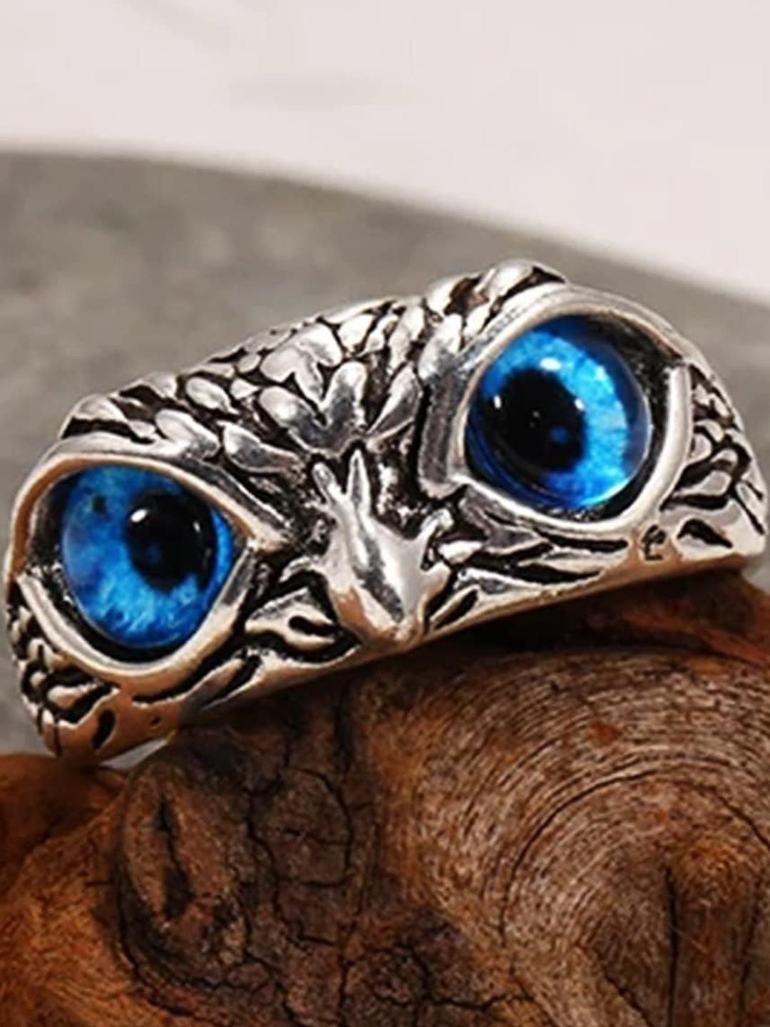 Inites Blue Silver Plated Owl Design Adjustable Thumb Finger Ring