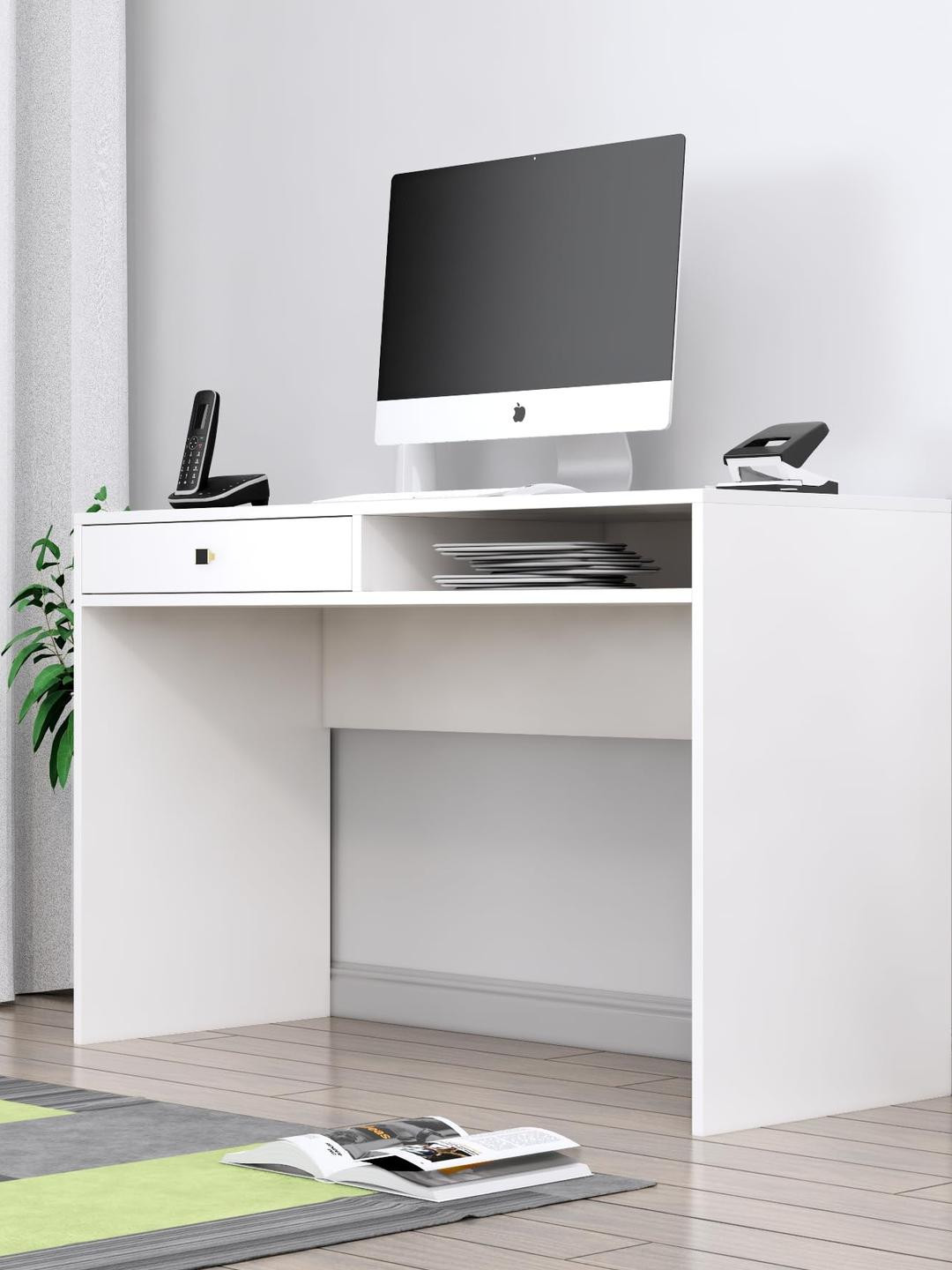 HEXA RED Unisex Frosty White Engineered Wood Study Table with Drawer And Shelf