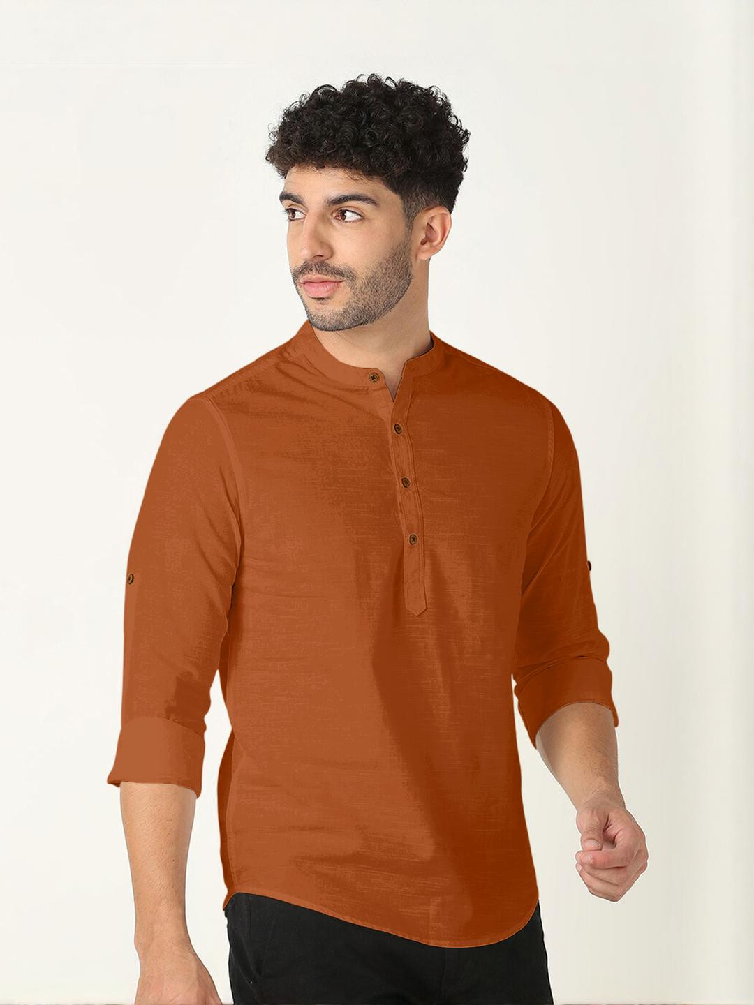 Fifth U Men Brown Casual Cotton Blend Mandarin Collar And Long Sleeves Straight Kurta