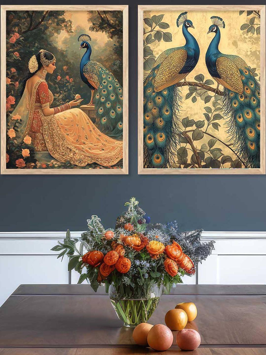 WALLLANE 2 Piece Wooden Peacock Themed Abstract Wall Paintings