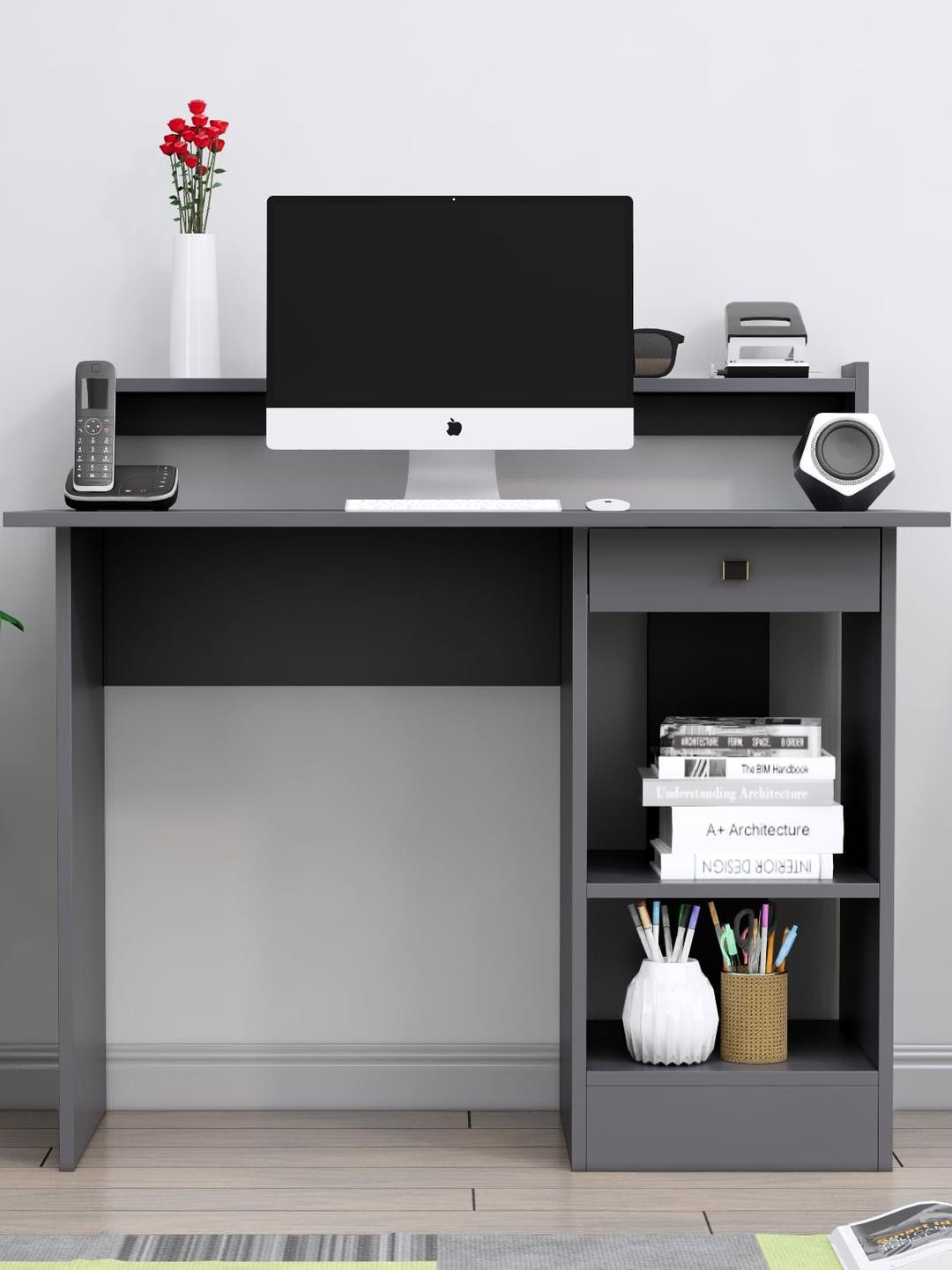 HEXA RED Unisex Grey Engineered Wood Free Standing DIY Study Table with 3 Shelves 1 Drawer