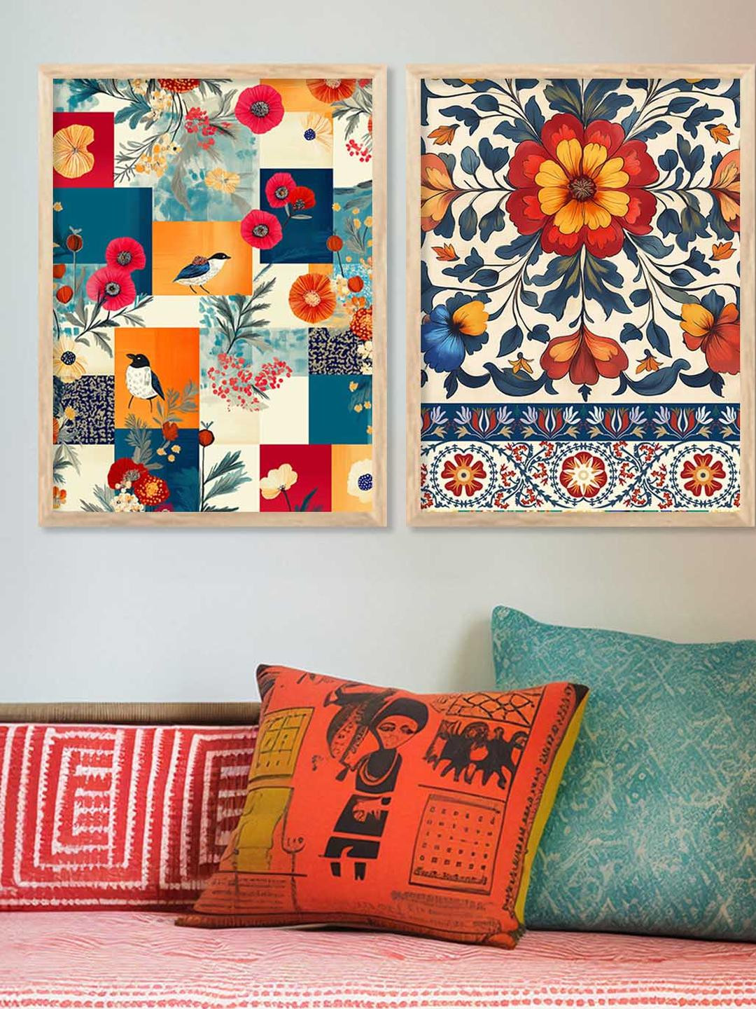 WALLLANE Unisex 2 Pc Wood Floral and Botanical Wall Paintings With Frame for Home Dcor