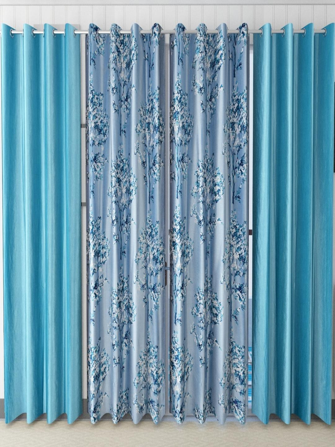 AADI TRADERS Blue Floral Long Door Curtains Set of 4