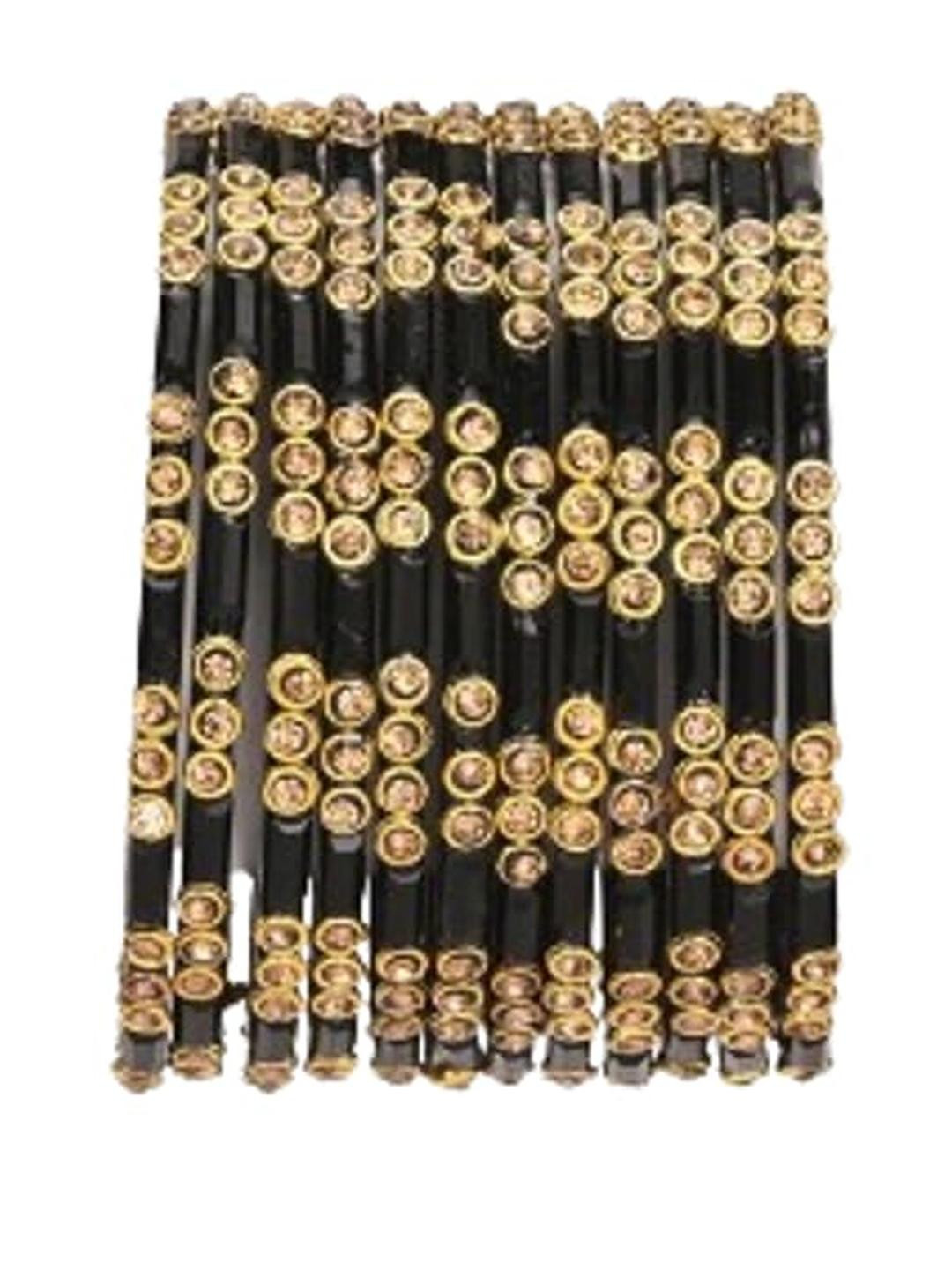 1ST TIME Pack of 12 Women Black & Gold Ethnic Glass Bangles