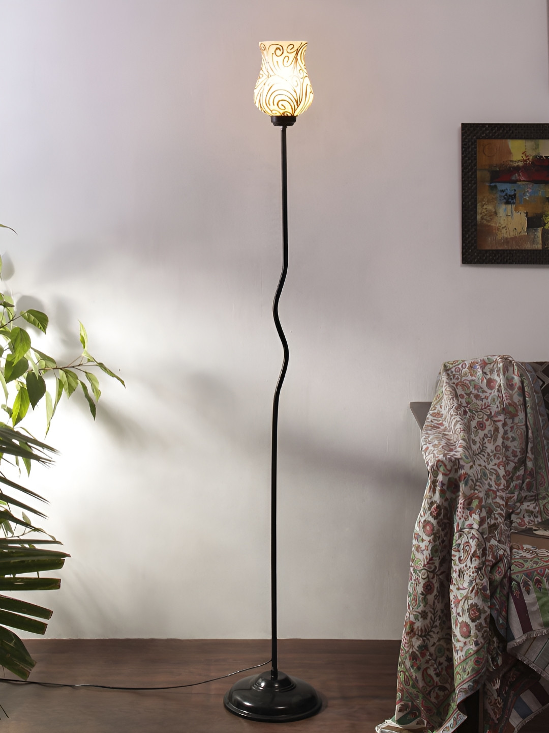 Devansh White & Gold Contemporary Textured Floor Lamps With Shade