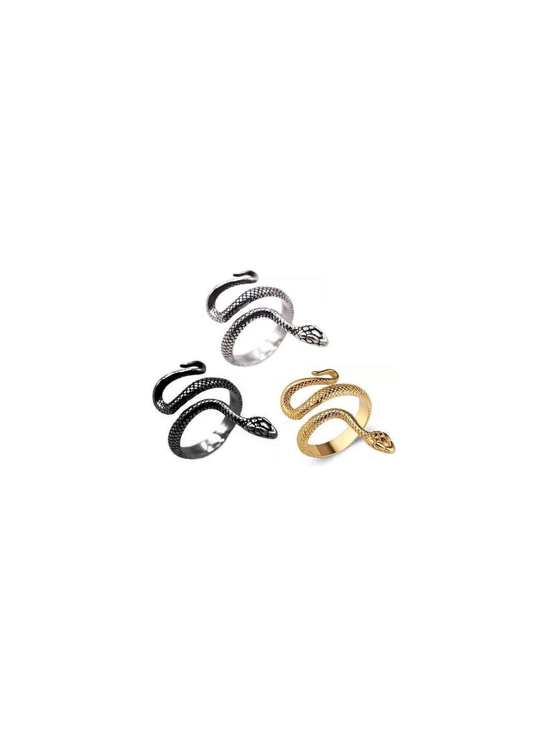 Inites Set Of 3 Silver Golden & Black Serpent Finger Ring