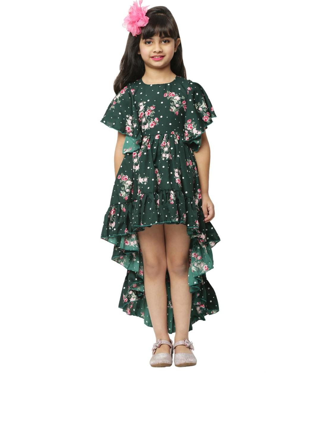 Shahina Fashion Girls Floral Printed Gathered Detail High-Low Hem Fit and Flare Dresses