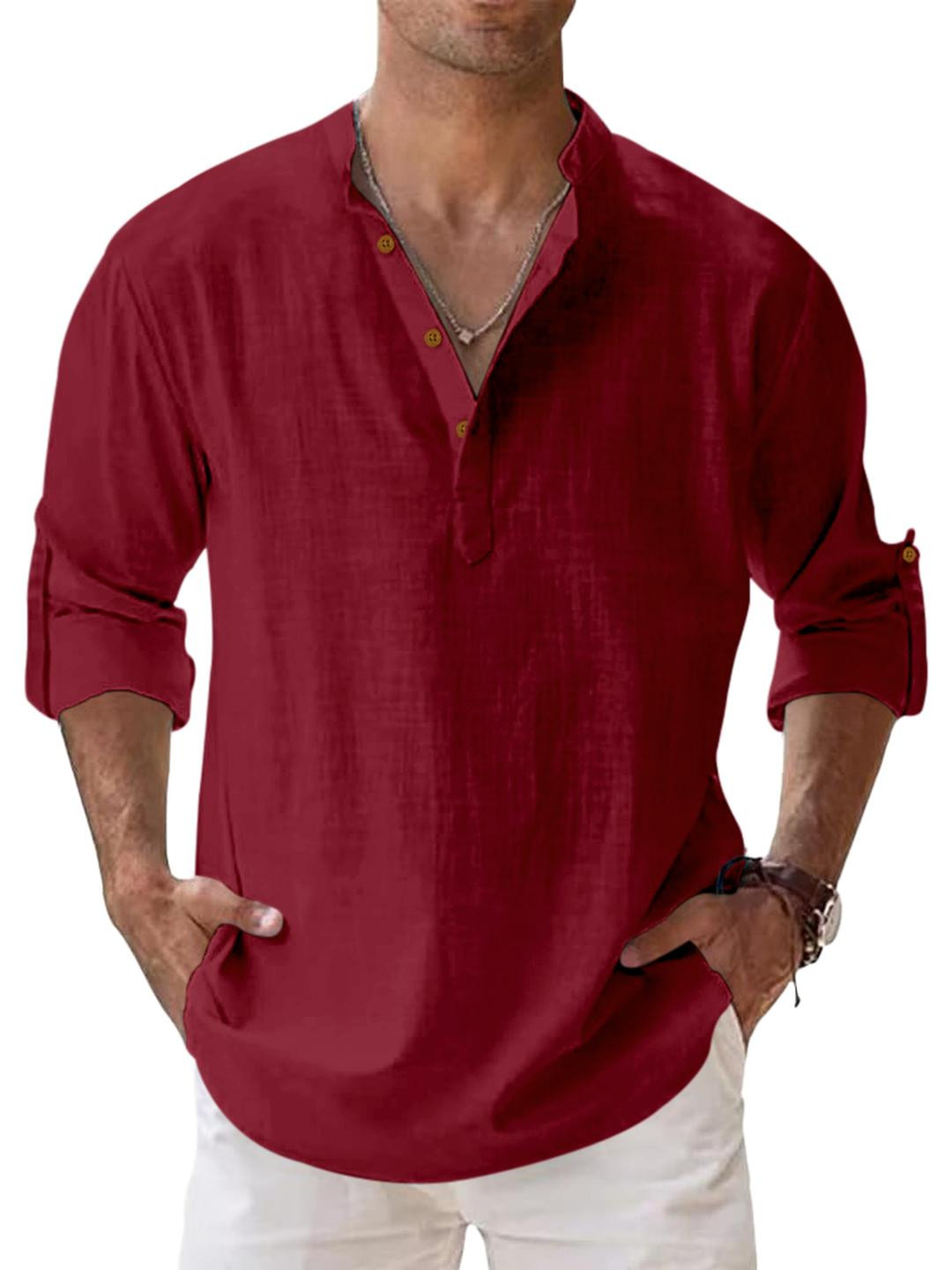 Fifth U Men' Maroon Solid Cotton Blend Roll-up Sleeve Mandarin Collar Straight Kurta