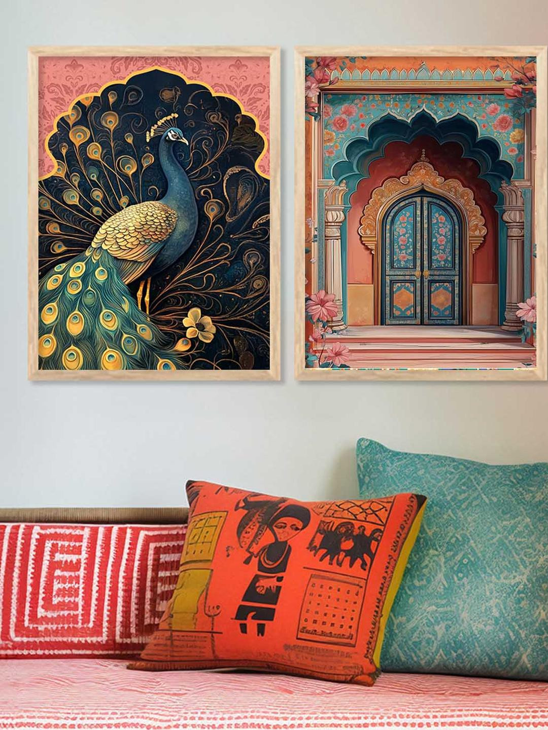 WALLLANE Multicoloured 2 Pc Wood Framed Traditional Wall Paintings for Home Decoration