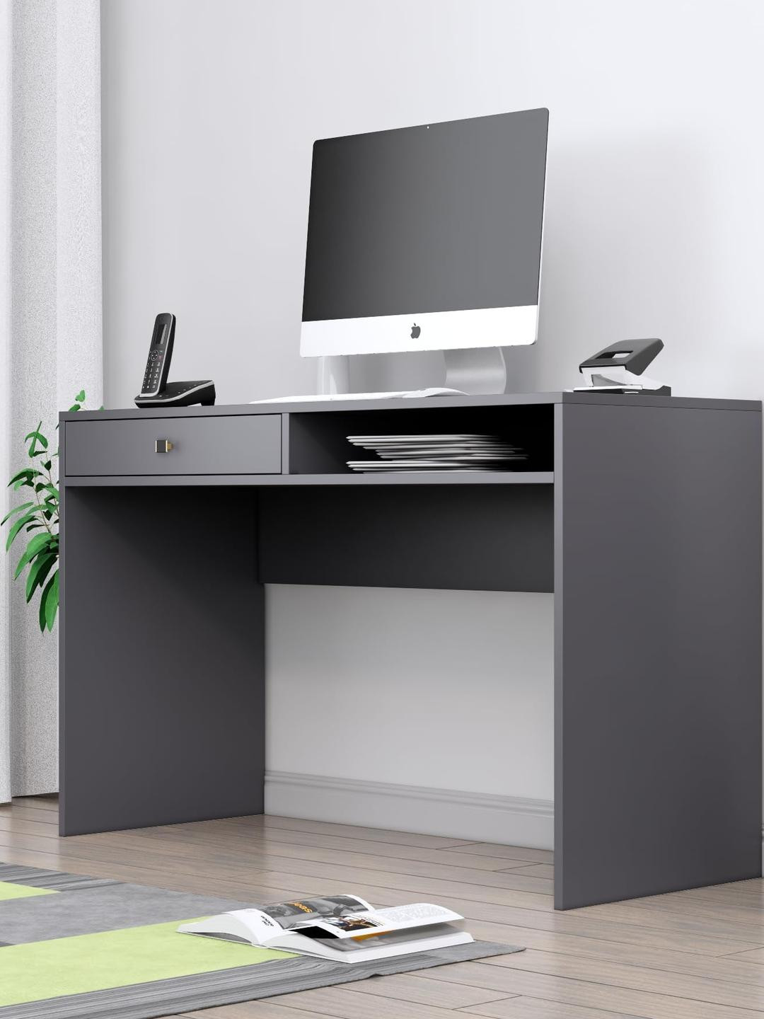 HEXA RED Slate Grey Engineered Wood Study Table with Open Storage & Drawer