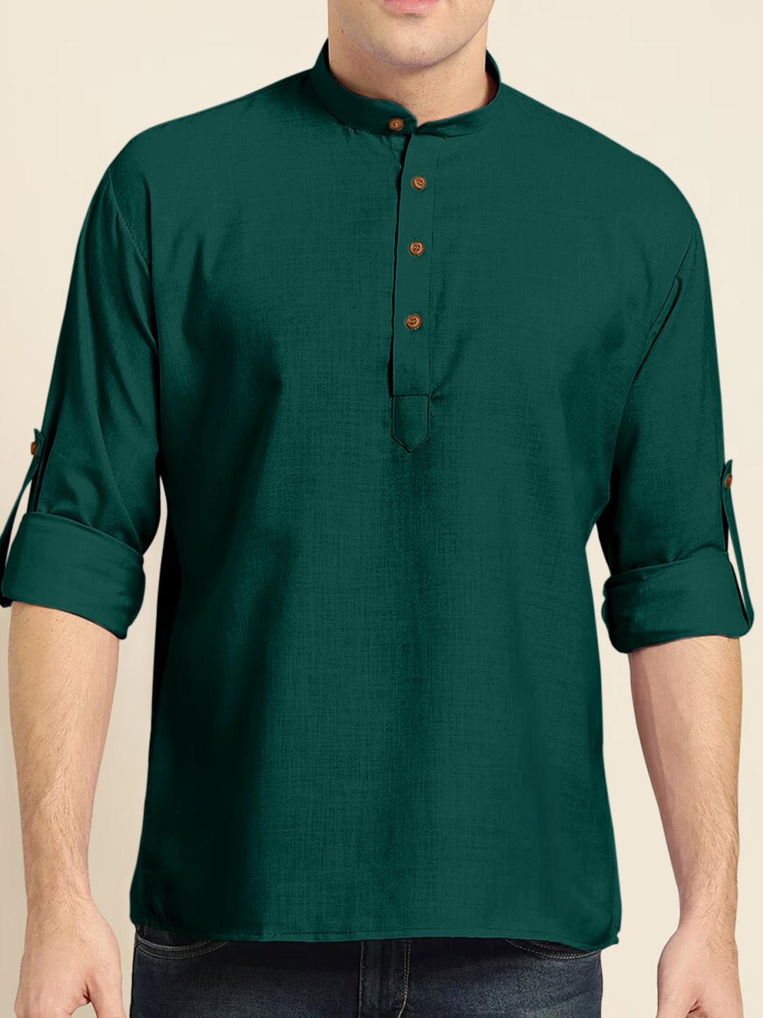 Fifth U Men Green Casual Cotton Blend Mandarin Collar And Long Sleeves Straight Kurta