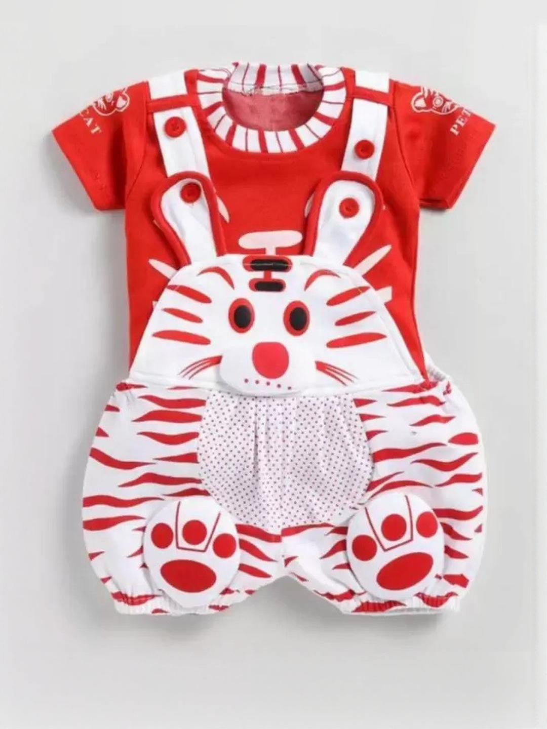 Amacart Kids Red Cat Printed Shoulder Straps Secured With Button Closure Dungarees