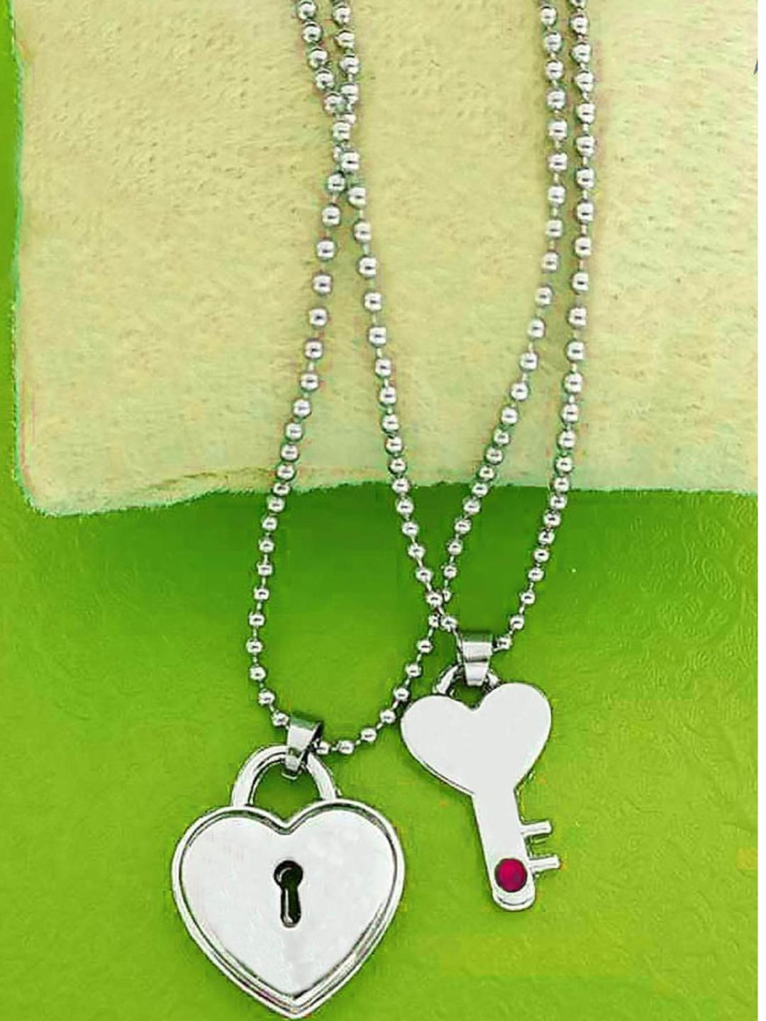 RSPR Heart Lock And Key Shaped Couple Pendants with Chains