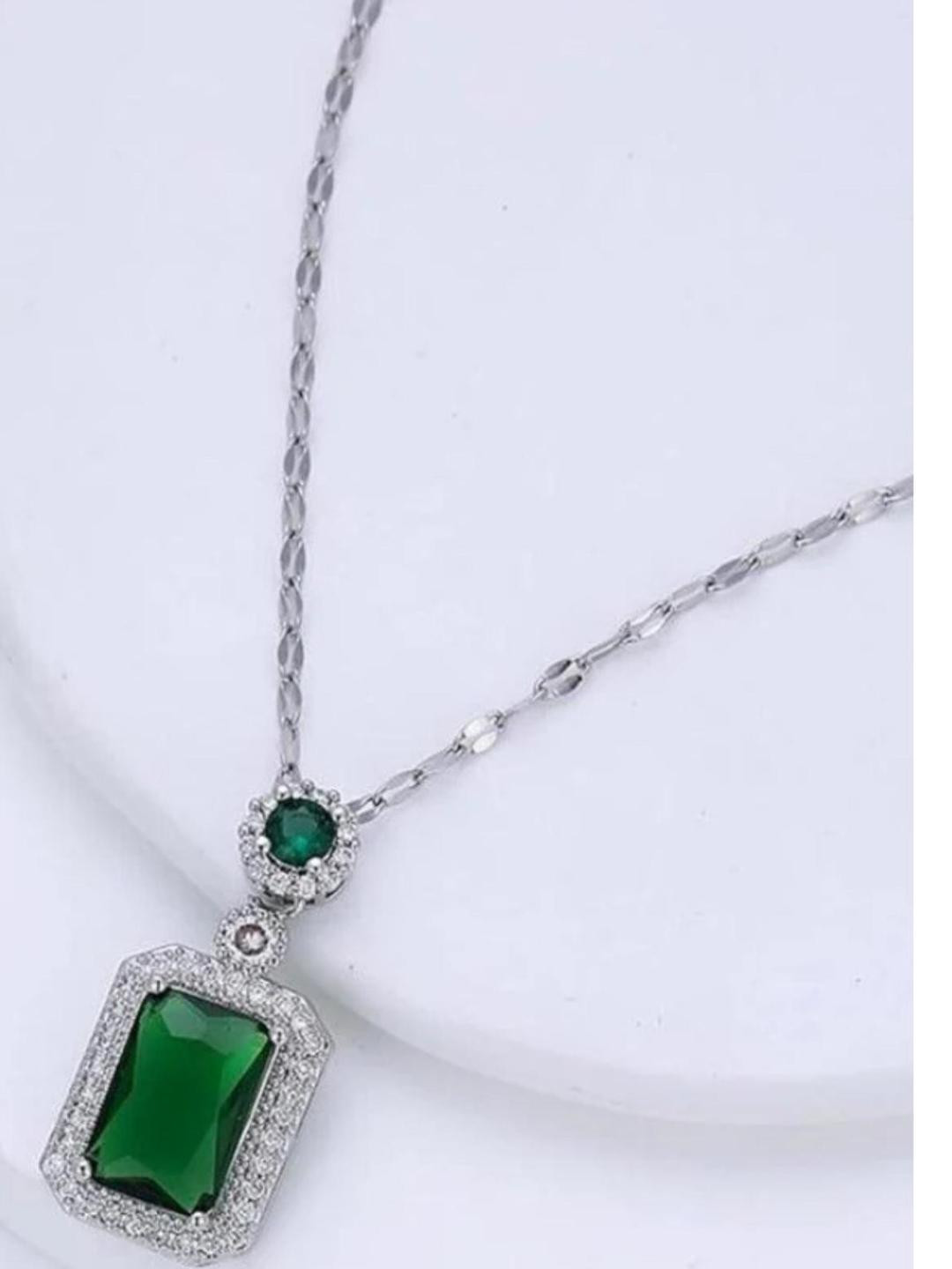 RSPR Green Stone Studded Rectangle Pendant & Chain