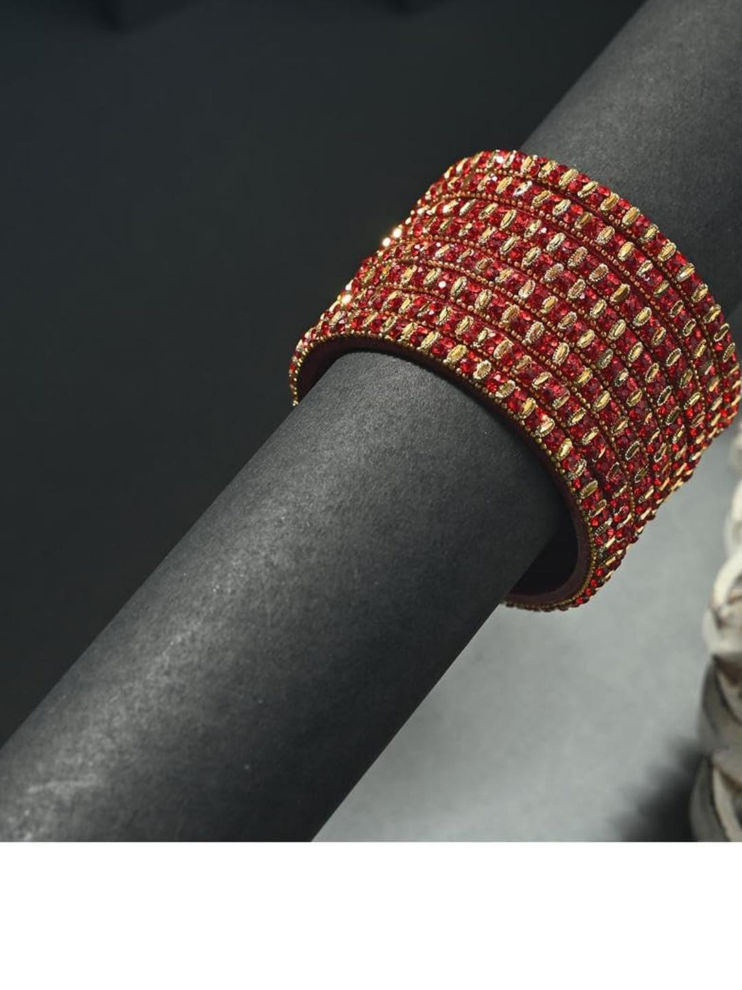 1ST TIME Women Pack of 8 Red With Gold Stones Studded Alloy Bangles