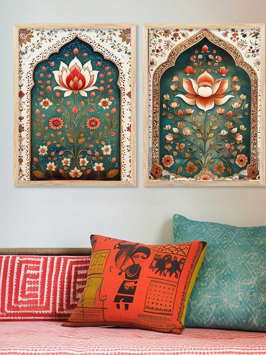 WALLLANE Brown 2 Piece Wood Floral Wall Art Poster With Frame Wall Paintings