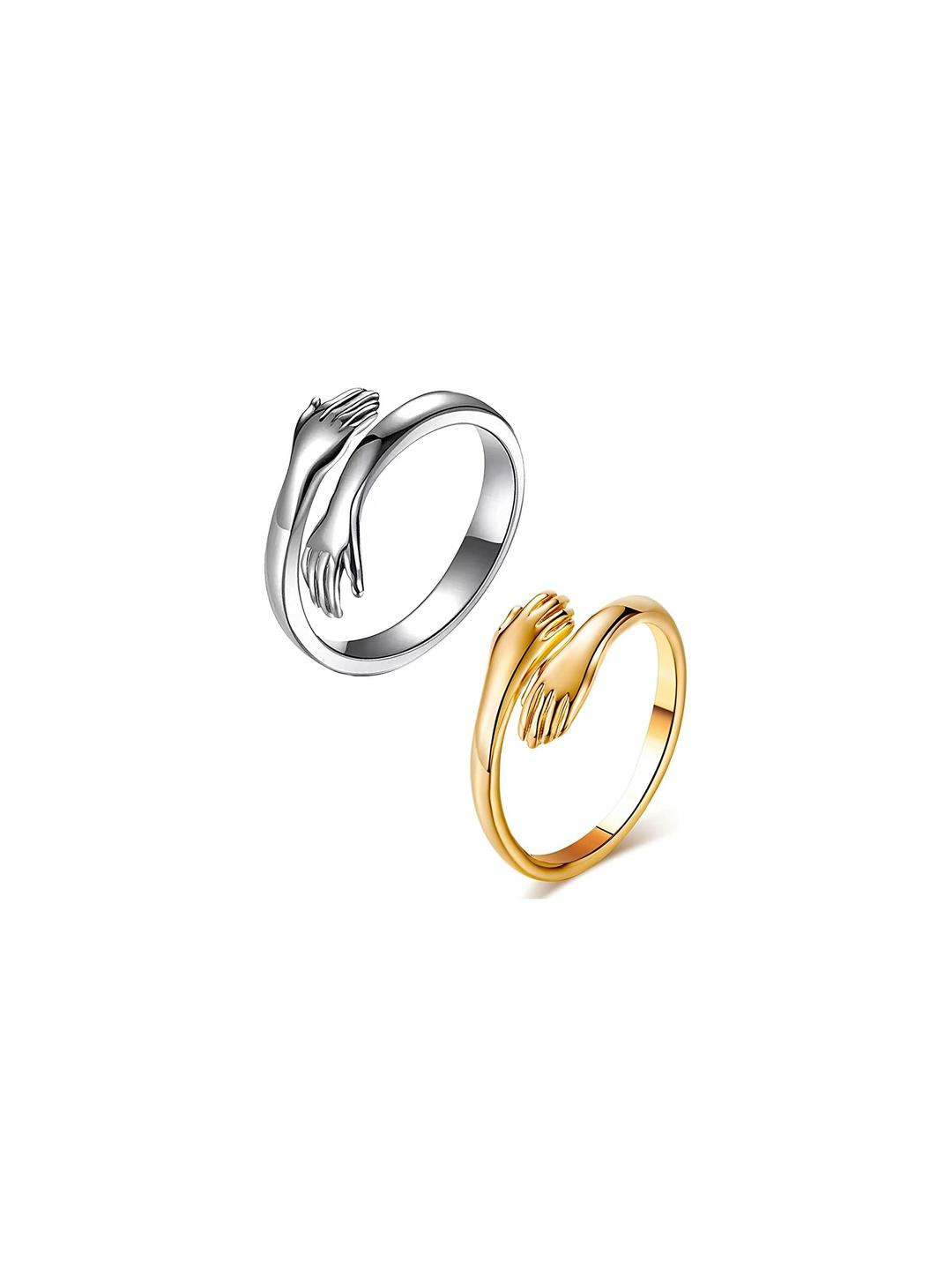 Inites Set Of 2 Brass-Plated Adjustable Silver & Golden Hug Ring