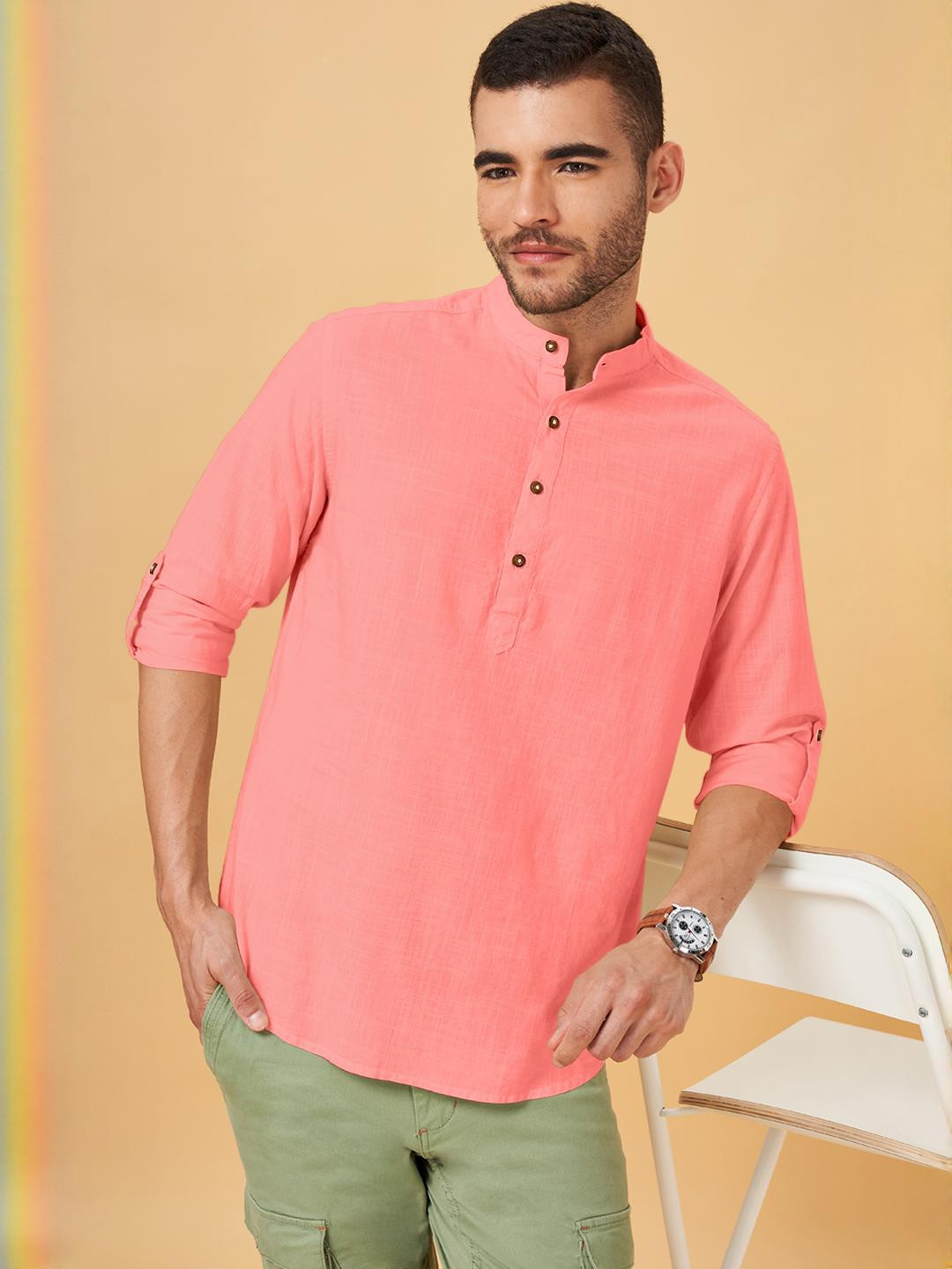 Fifth U  Men Solid Peach Mandarin Collar Short Kurta