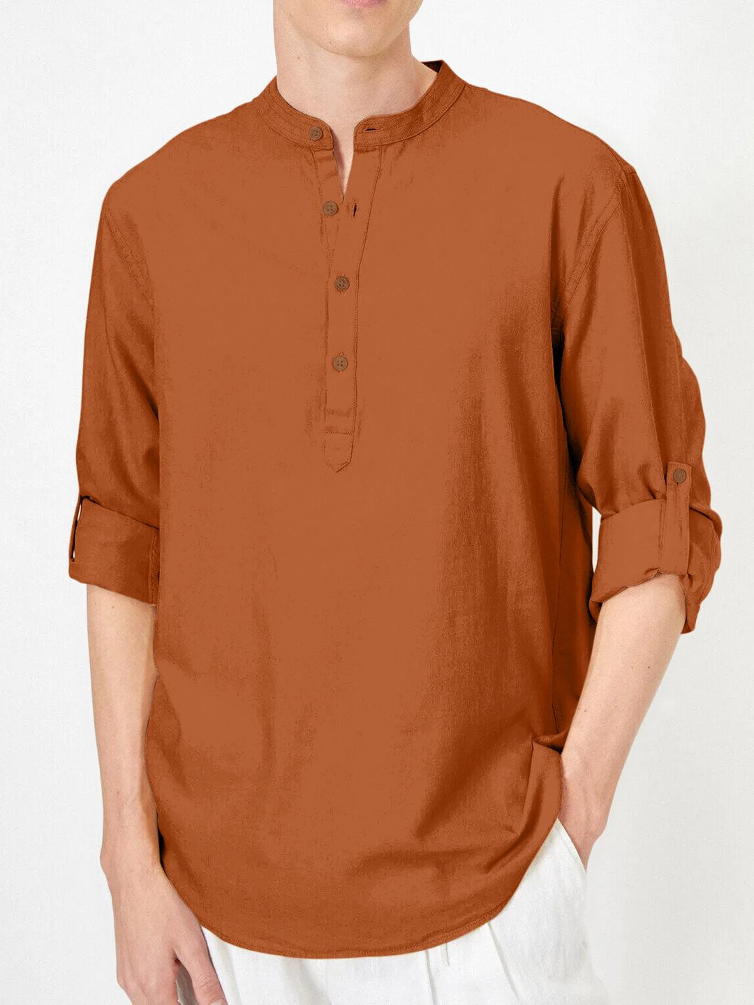 Fifth U Men Brown Solid Mandarin Collar Long Sleeves Cotton Blend Straight Kurta