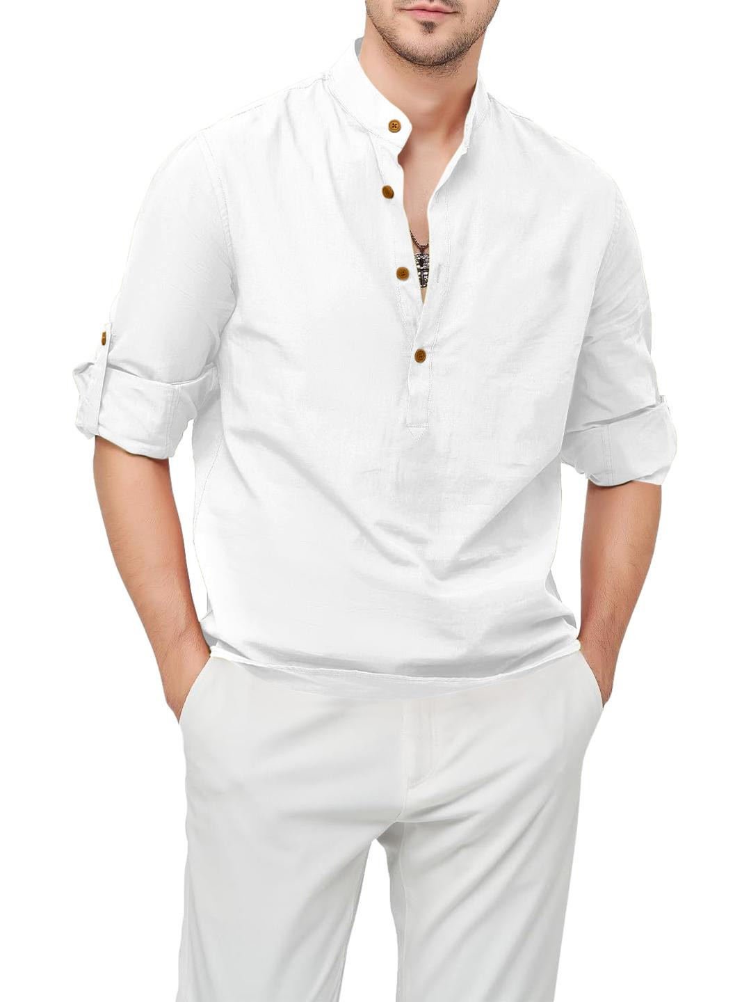 Fifth U Men White Solid Cotton Blend Mandarin Collar Straight Kurta