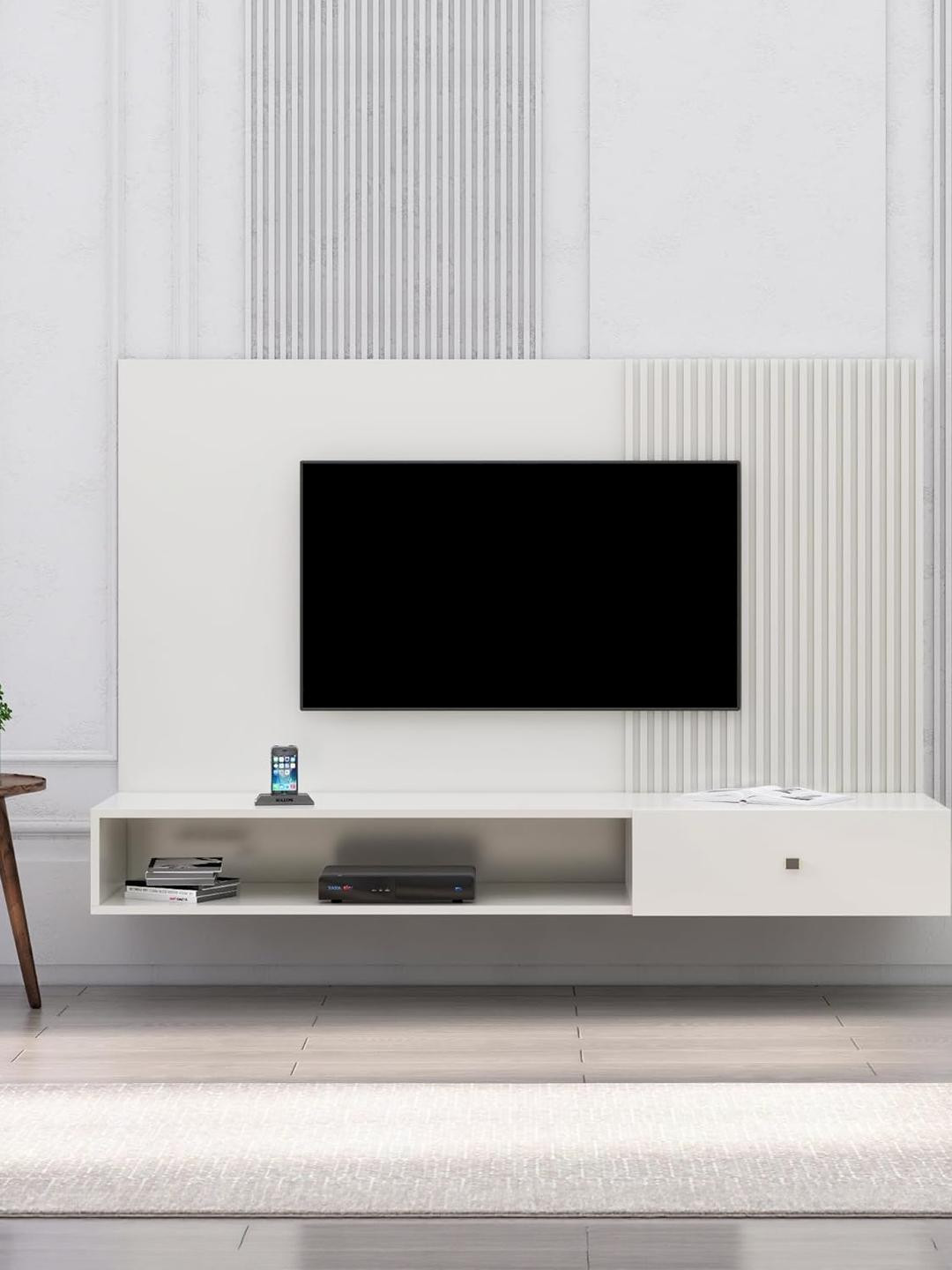 HEXA RED White Wall Mounted Plywood TV Entertainment Unit Cabinet For Upto 28 to 65 Inch