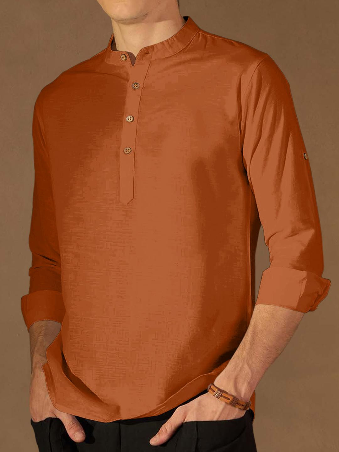 Fifth U Men Solid Brown Short Kurta