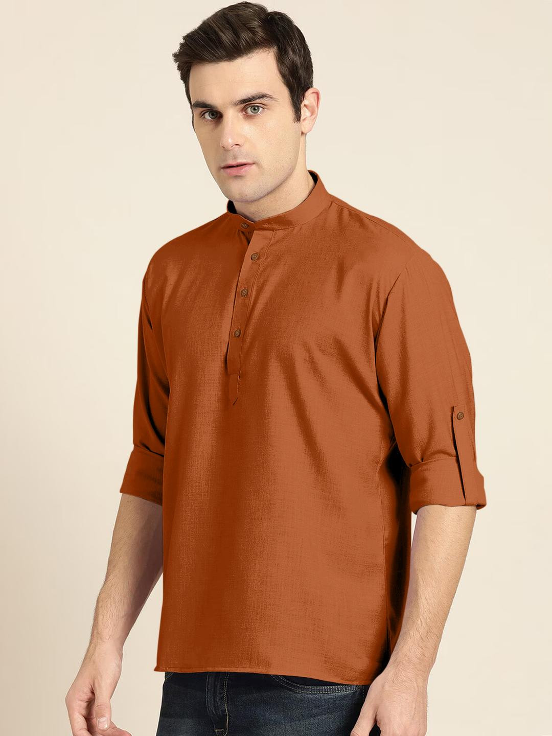 Fifth U Men Brown Solid Mandarin Collar Long Sleeves Cotton Blend Straight Kurta